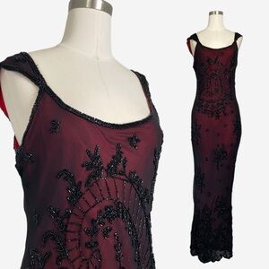 Vintage Papell Boutique Red black silk beaded paisley maxi gown vamp gothic S/M